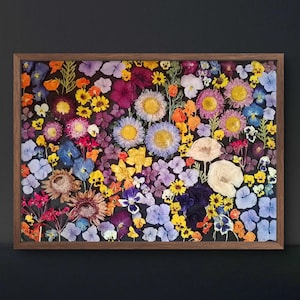 Original pressed flower wall art, meadow art, colourful floral decor, framed flowers, boho art, cottagecore art, whimsical decor, OOAK