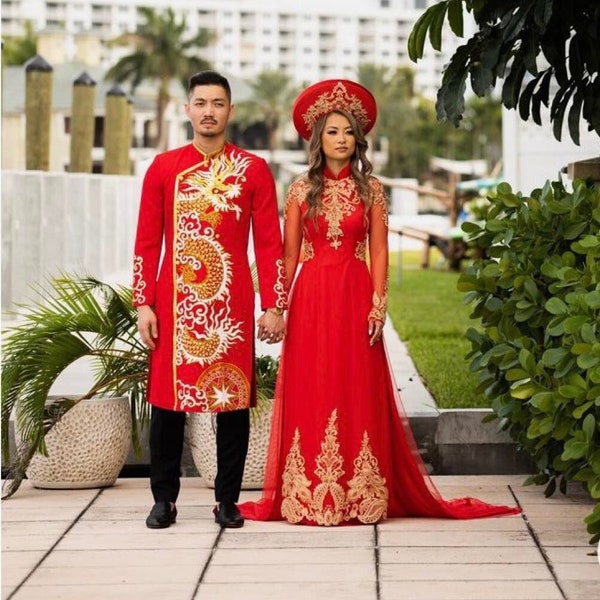 Red Ao Dai Vietnamese Traditional Wedding Dress with Gold Embroidery,LONG Train  and Gold Pants(NO HAT) G58