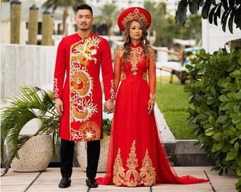 Red Ao Dai Vietnamese Traditional Wedding Dress with Gold Embroidery,LONG Train  and Gold Pants(NO HAT) G58