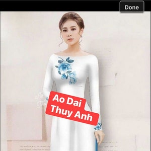 White Ao Dai Vietnamese Lua Mango Silk Long Dress With Blue Pants