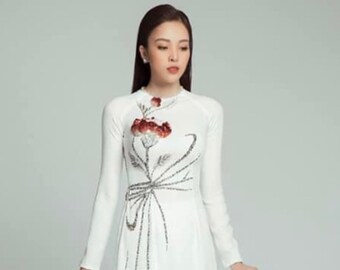White Ao Dai Vietnamese Chiffon Double Layer Beaded Long