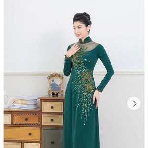 Green Ao Dai Vietnamese Chiffon Double Layer Beaded Long Dress with Matching Pants A0285