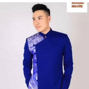 Blue Ao Dai for Men, Vietnamese Traditional Long Dress for Men No pants A1