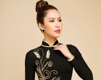 Black with gold beaded tradtional Chiffon Ao Dai With Gold Satin Pants A277