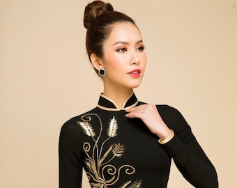 Zwart met gouden kralen traditionele chiffon Ao Dai met gouden satijnen broek A277