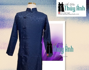 Dark Blue Ao Dai for men, Vietnamese Gam Long Dress for men, No pants G16