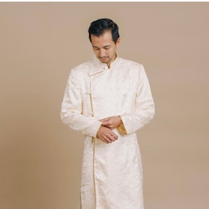 Cream/White Ao Dai With Golden Dragon Design for Men, Vietnamese Traditional Long Dress for Men, Ao Dai Chu Re, Ao Dai Nam. No pants #1421