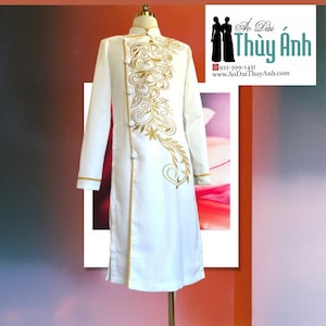 White Ao Dai for Men, Embroidered Vietnamese Traditional Long Dress for Men, Ao Dai Chu Re, Ao Dai Nam. No pants G109