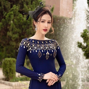 Navy Blue Ao Dai Vietnamese Chiffon Double Layer Beaded Long Dress with Matching Pants A0285