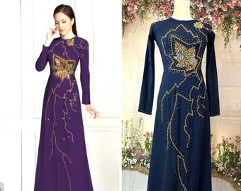 Purple or Navy Blue Ao Dai Vietnamese Chiffon Double Layer Beaded Long Dress with Matching Pants WAC3023