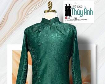 Groene Ao Dai voor mannen, traditionele Vietnamese Gam lange jurk voor mannen, Ao Dai Nam. Geen broek G20