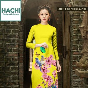Yellow Ao Dai Cach Tan: Vietnamese Floral Long Dress (NO PANTS)