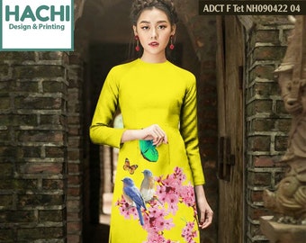 Yellow Ao Dai Cach Tan: Vietnamese Floral Long Dress (NO PANTS)