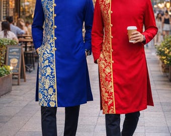 Traditionele Vietnamese Ao Dai: lange jurk met rode of blauwe drakenprint #TA122