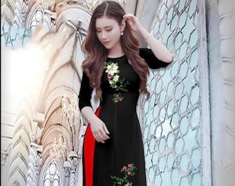 Dark Blue Ao Dai Vietnamese Lua Mango Silk Long Dress With Pants 0263
