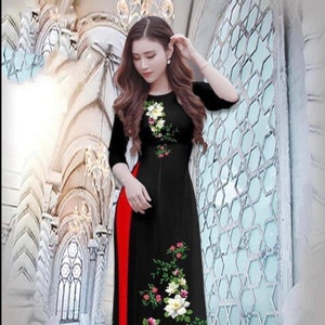 Donkerblauwe Ao Dai Vietnamese Lua Mango-zijden lange jurk met broek 0263