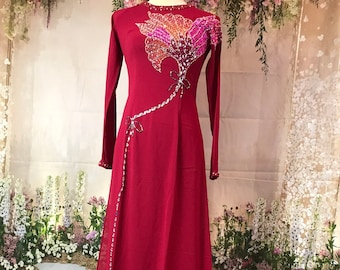 Dark Red Chiffon Ao Dai Dress: Beaded Vietnamese Long Dress with Pants