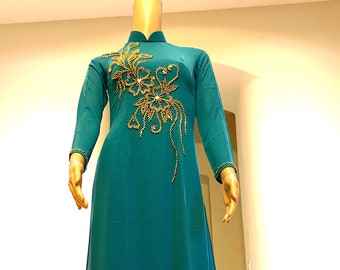 Blue Ao Dai Vietnamese Chiffon Double Layer Beaded Long Dress with Pants #02101