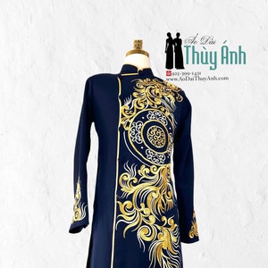 Navy Blue  Embroidered Ao Dai for Men, Traditional Vietnamese Long Dress for Men, Ao Dai Nam. No Pants