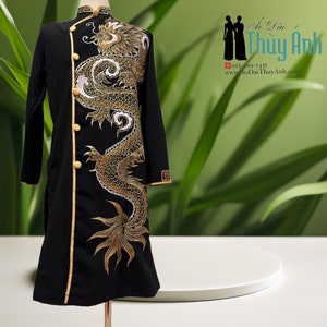 Black Dragon Ao Dai for Men, Hand Painted Vietnamese Traditional Long Dress for Men, Ao Dai Chu Re, Ao Dai Nam. No pants G113