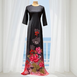 Black Ao Dai Vietnamese Lua Mango Silk Long Dress With Pink Pants #61