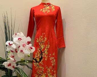 Red Ao Dai Tet Dong Hung Silk Long Dress With Pants (Free priority shipping)