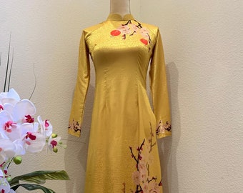Gold Vietnamese Tet Ao Dai Dong Hung Silk Long Dress With Pants (Free priority shipping)