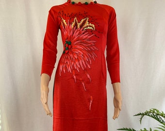 Red Ao Dai Vietnamese Embroidered Tay Thy Silk with Matching Pants 02177