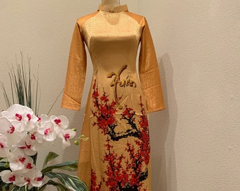 Gold Ao Dai Dong Hung Silk Long Dress With Pants (Free priority 1-3 day shipping)