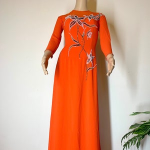 Orange Ao Dai Vietnamese Chiffon Double Layer Long Dress with Beads and Matching Pants #012