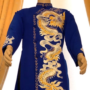 Blue Ao Dai for Men, Hand Painted Vietnamese Traditional Long Dress for Men, No pants G8