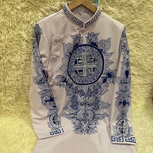 White Ao Dai For Man, Hand Painted Vietnamese Traditional Long Dress For Men, No Pants