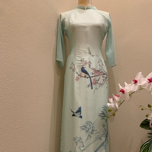 Green Ao Dai Vietnamese Ao Dai Lua To Ong  in 3D with White  Pants (Free Fast Priority shipping)