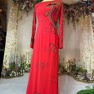Orange Ao Dai Vietnamese Chiffon Double Layer Beaded Long Dress with Matching  Pants