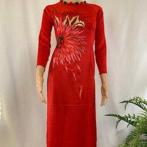 Red Ao Dai Vietnamese Embroidered Tay Thy Silk with Matching Pants 02177