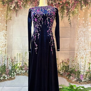 Navy Blue Ao Dai Vietnamese Velvet Beaded Long Dress with Pink  Pants #ADR02112