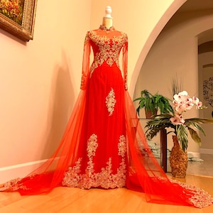 Red Vietnamese Traditional Wedding Dress with Gold Embroidery and Red or Gold Pants G56