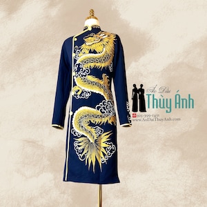 Navy Blue Ao Dai for Men, Hand Painted Vietnamese Traditional Long Dress for Men, Ao Dai Chu Re, Ao Dai Nam. No pants #1422