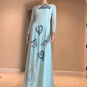 Blue Ao Dai Vietnamese Double Layers Beaded Long Dress with Pants (Free Fast Priority shipping)