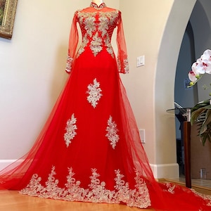 Red Vietnamese Traditional Wedding Dress with Gold Embroidery and Long Train and Red or Gold Pants G51