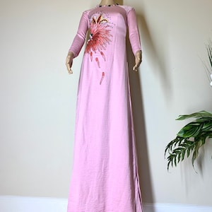 Pink Embroidered Vietnamese Ao Dai Tay Thy Silk with Matching Pants 02179