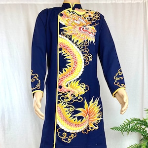 Navy blue Ao Dai for Men, Hand Painted Vietnamese Traditional Long Dress for Men, Ao Dai Chu Re, Ao Dai Nam. No pants A6