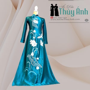 Woman Vietnamese Áo Dài –  white embroidery-Teal Elegance with Lotus & Cranes with White or Matching Pants