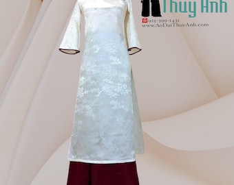Cream Ao Dai Dress with Flared Sleeves & Dark Red Pants