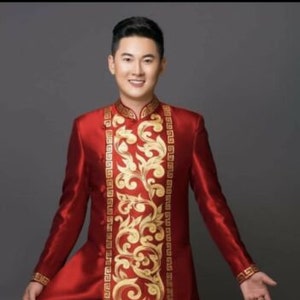 Dark Red or Orange Ao Dai for men, Hand Painted Vietnamese Traditional Long Dress for Men, Ao Dai Chu Re, Ao Dai Nam. No pants A12