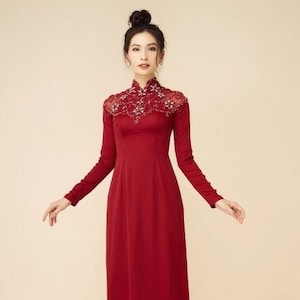 Dark Red Ao Dai Vietnamese Chiffon Double Layer Beaded Long Dress with Matching Pants G130