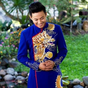 Blue Ao Dai for Men, Hand Painted Vietnamese Traditional Long Dress for Men, Ao Dai Chu Re, Ao Dai Nam. No pants A17