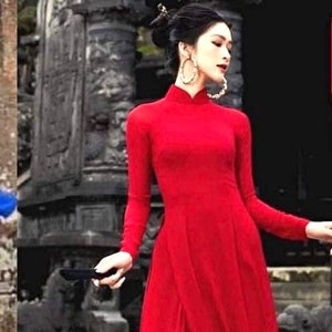 Red Ao Dai Chiffon Double Layer Vietnamese Long Dress with Pants G64