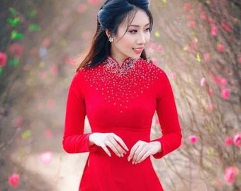 Red or Blue Ao Dai Chiffon Double Layer Beaded Long Dress with Matching Color Pants #ADR0280