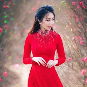 Red or Blue Ao Dai Chiffon Double Layer Beaded Long Dress with Matching Color Pants #ADR0280